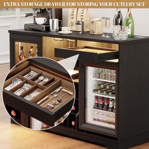 Coffee Bar Cabinet with Fridge, LED Lights & Wine Rack, Black