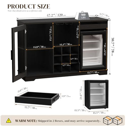 Coffee Bar Cabinet with Fridge, LED Lights & Wine Rack, Black