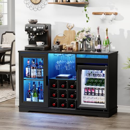 Coffee Bar Cabinet with Fridge, LED Lights & Wine Rack, Black